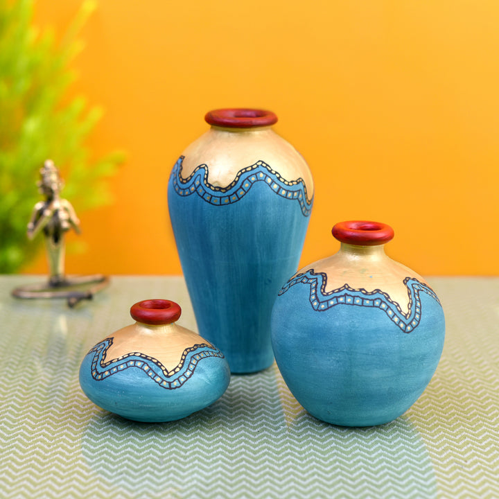 Turquoise Blue Golden Glaze Vase So3 (6x3.4/2.5x3.5/4x4 HxDia)