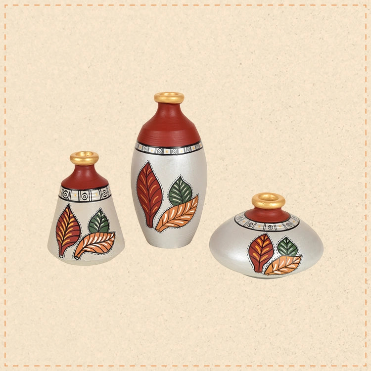 Silver Bloom Earthen Vases Handpainted in Tribal Art