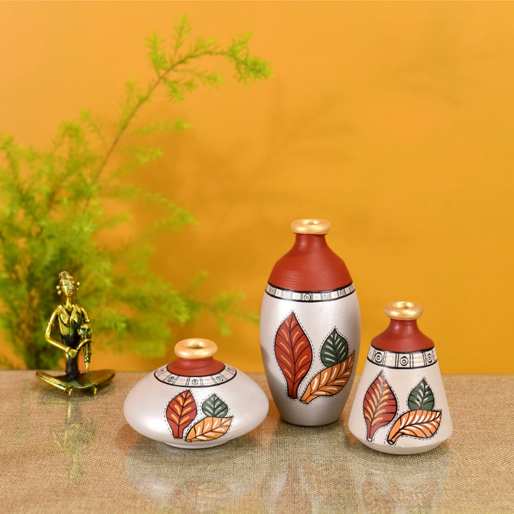 Silver Bloom Earthen Vases Handpainted in Tribal Art