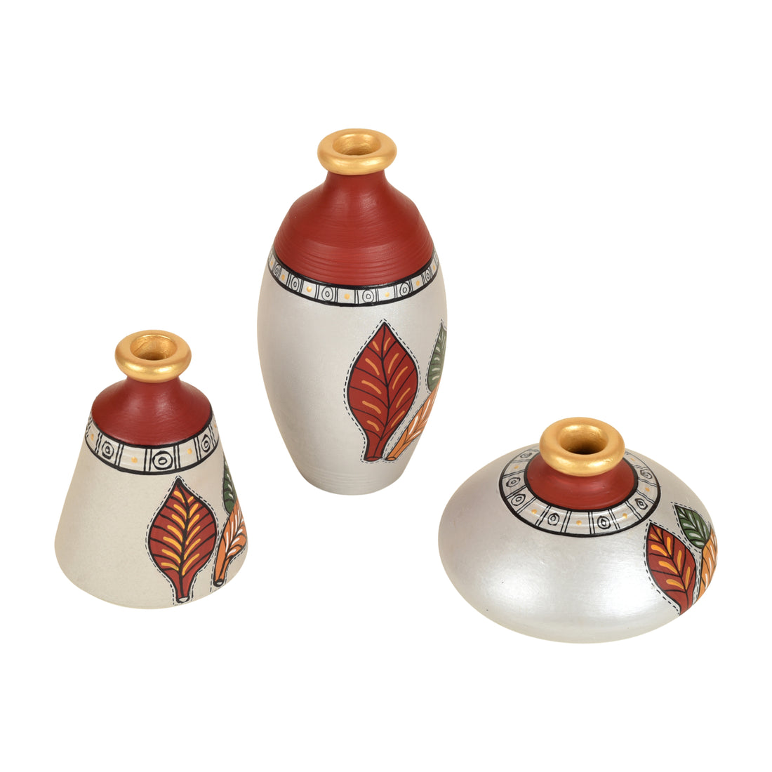 Silver Bloom Earthen Vases Handpainted in Tribal Art