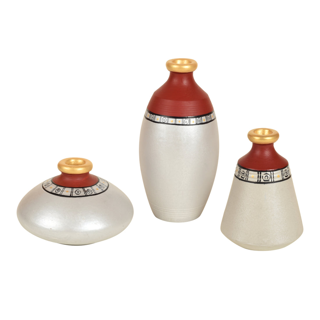 Silver Bloom Earthen Vases Handpainted in Tribal Art