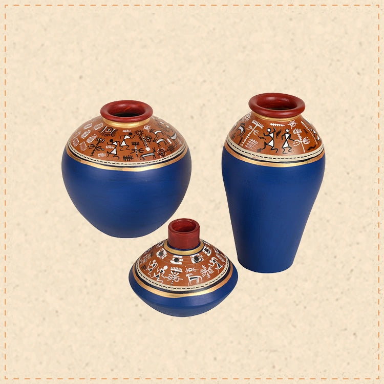 Exotic Warli Vases in Blue color (Set of 3)