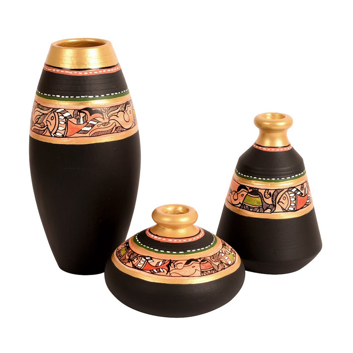 Vase Earthen Black Madhubani (Set of 3) 6/5/3