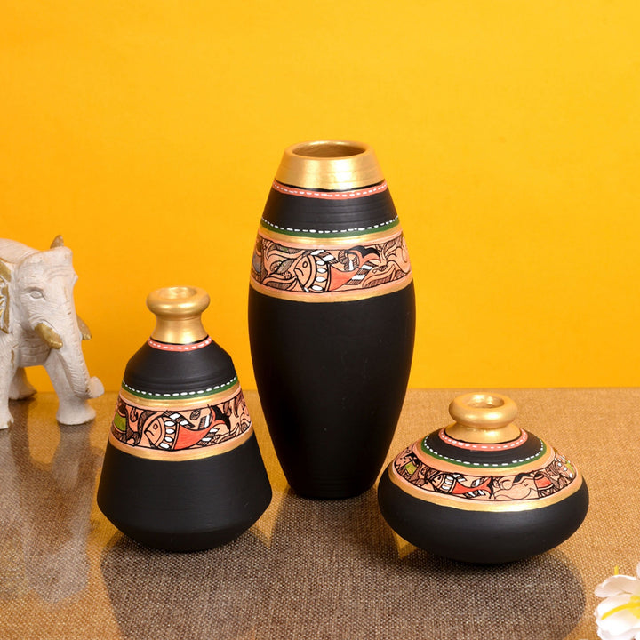 Vase Earthen Black Madhubani (Set of 3) 6/5/3