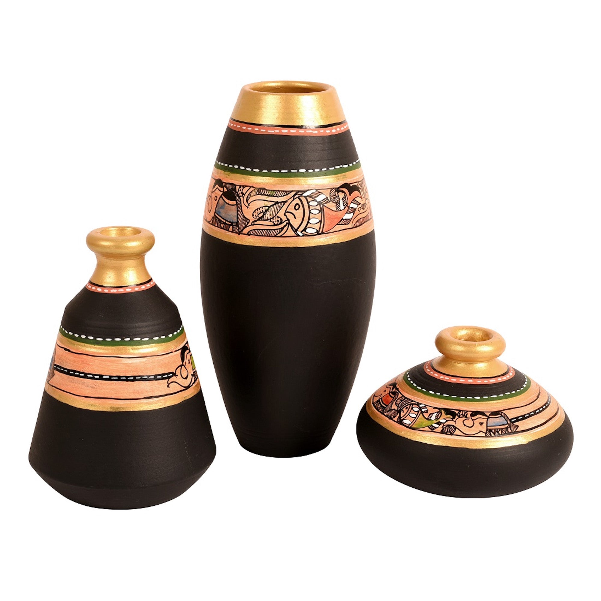 Vase Earthen Black Madhubani (Set of 3) 6/5/3
