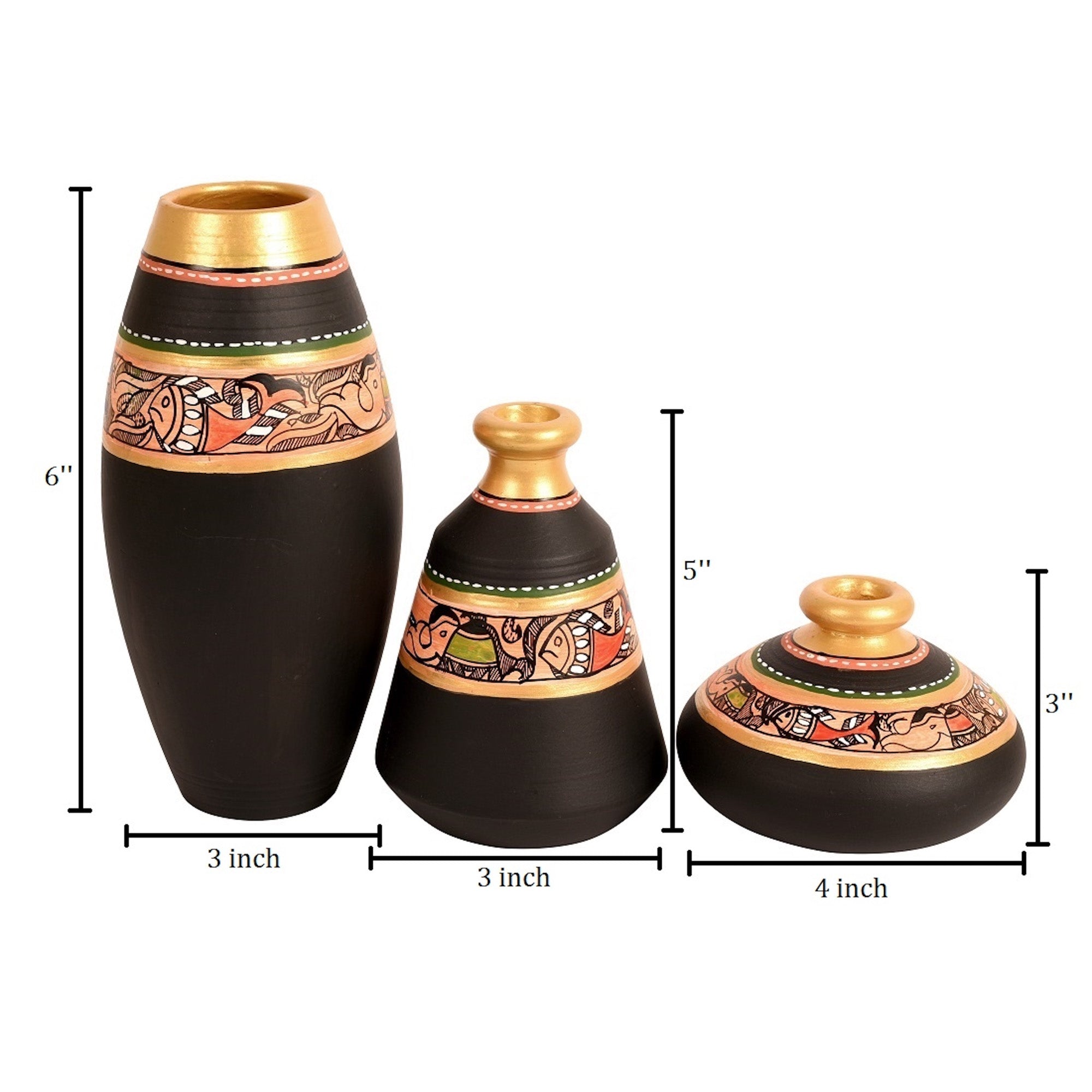 Vase Earthen Black Madhubani (Set of 3) 6/5/3