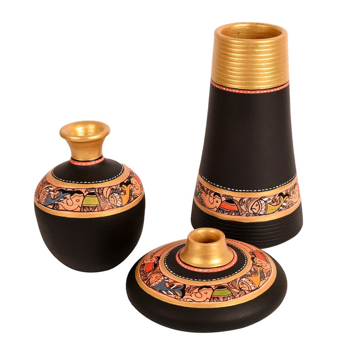 Vase Earthen Black Madhubani (Set of 3) 3.5/9/6