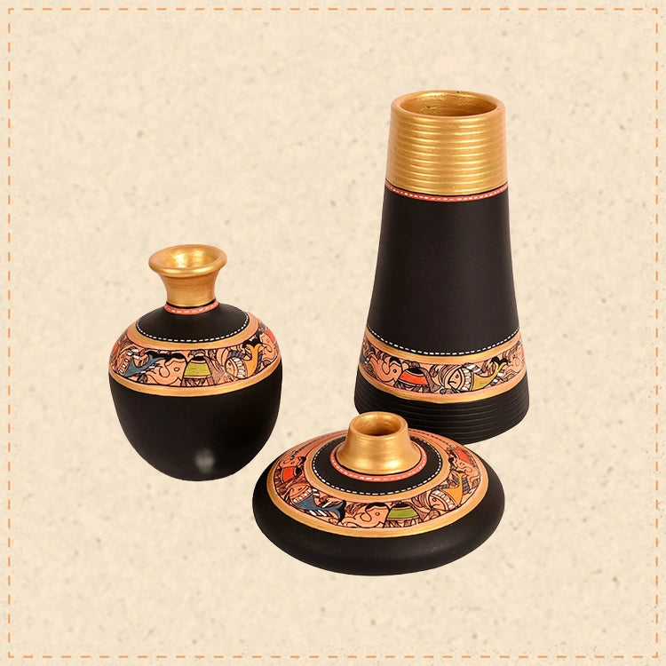 Vase Earthen Black Madhubani (Set of 3) 3.5/9/6