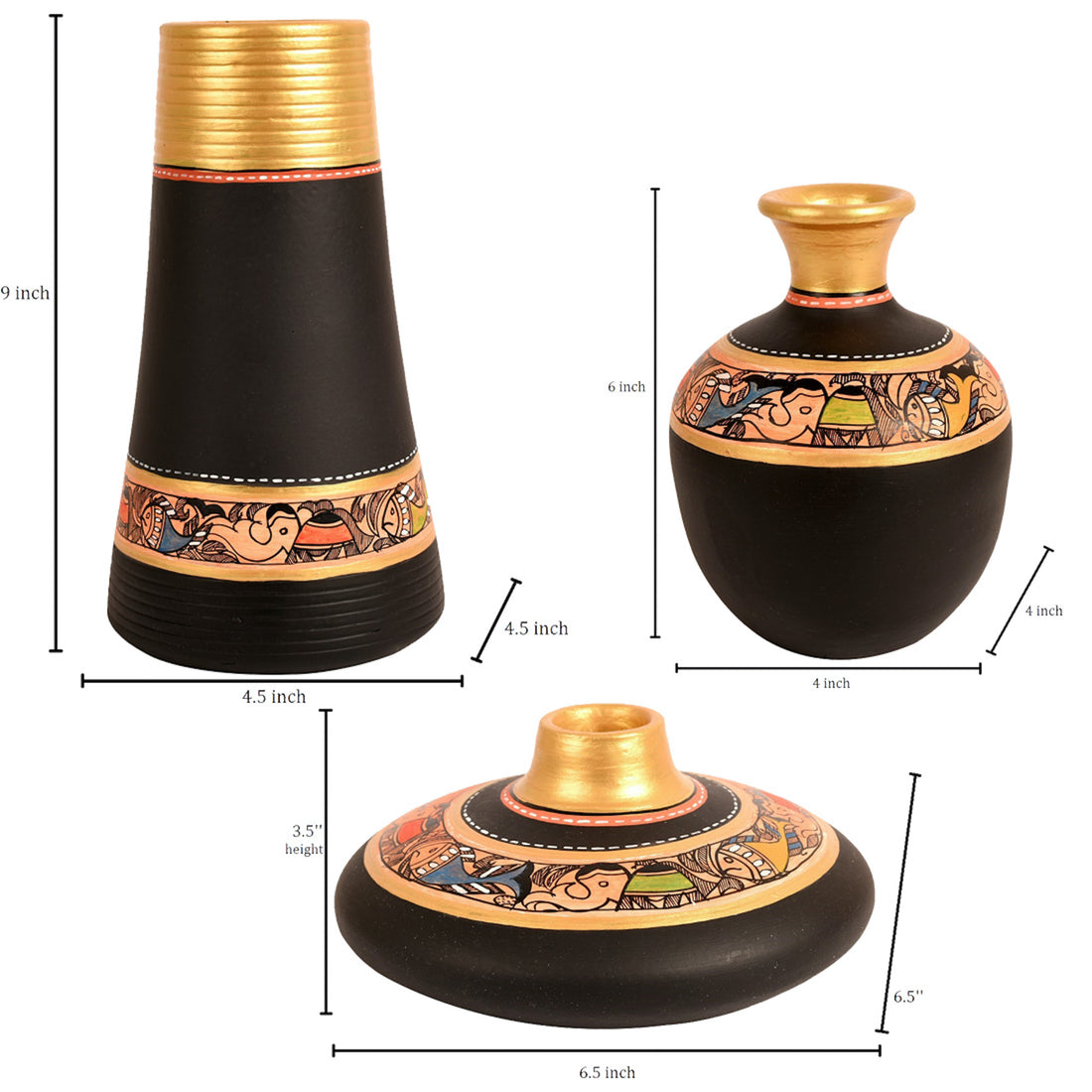 Vase Earthen Black Madhubani (Set of 3) 3.5/9/6