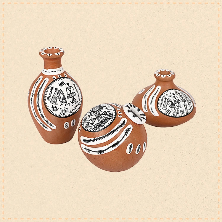 Vase Earthen Miniatures Natural Warli (Set of 3) 2.4/2/2