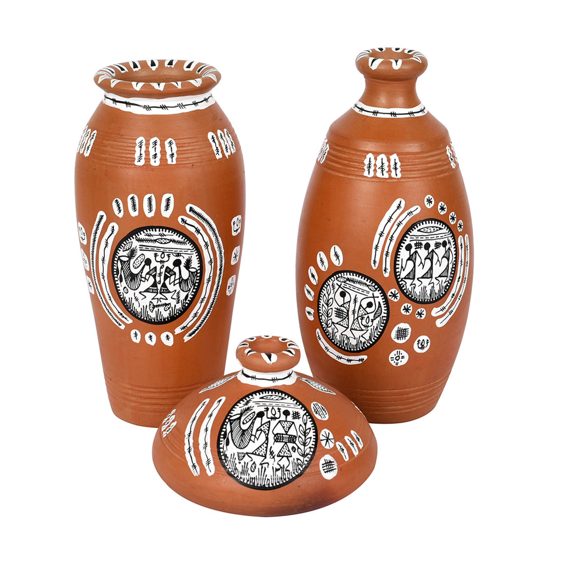 Vase Earthen Natural Warli (Set of 3) 6/6/3