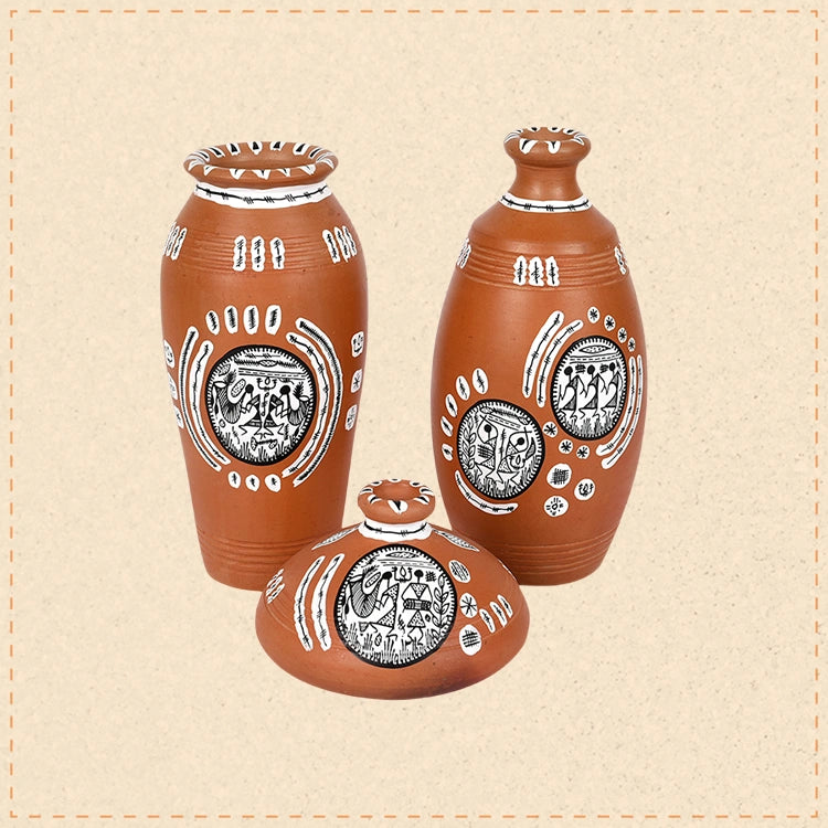 Vase Earthen Natural Warli (Set of 3) 6/6/3
