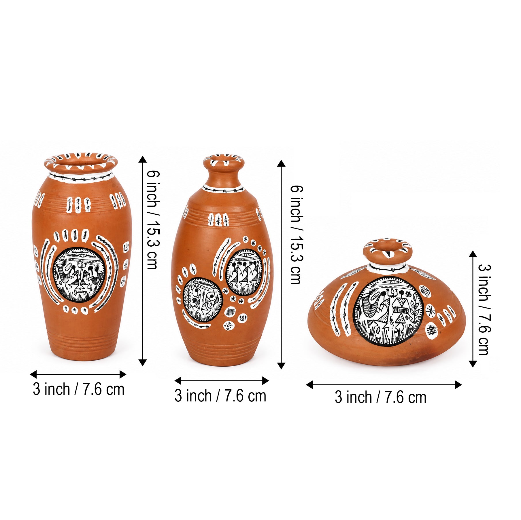 Vase Earthen Natural Warli (Set of 3) 6/6/3