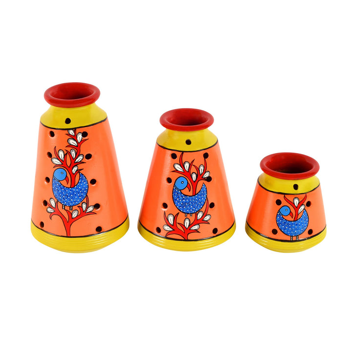 Dancing Peacock Terracotta Vase Set of 3