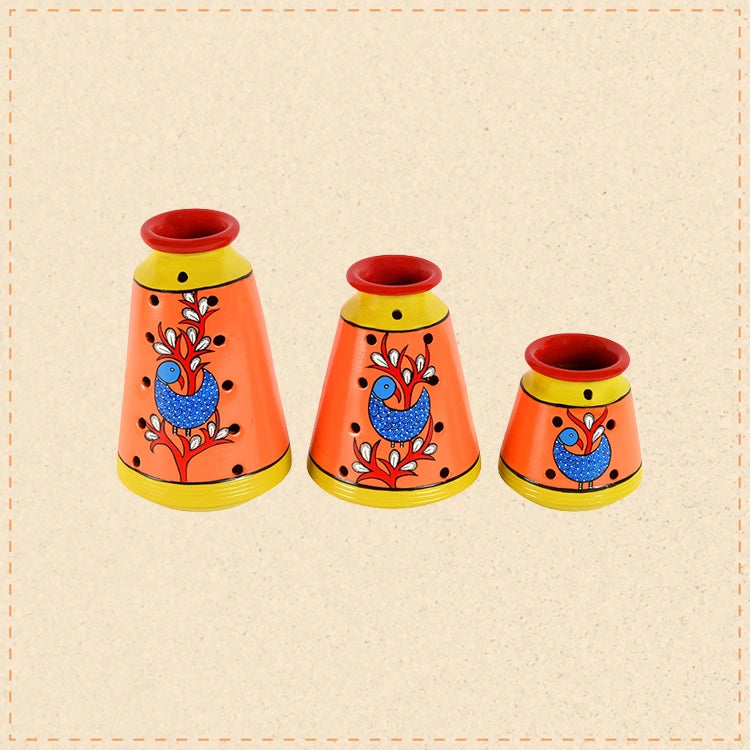Dancing Peacock Terracotta Vase Set of 3