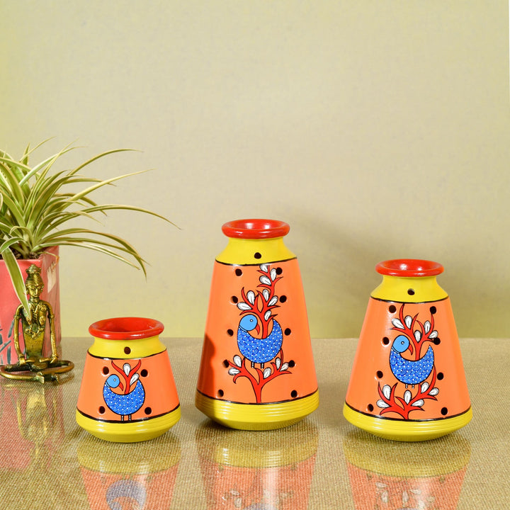 Dancing Peacock Terracotta Vase Set of 3