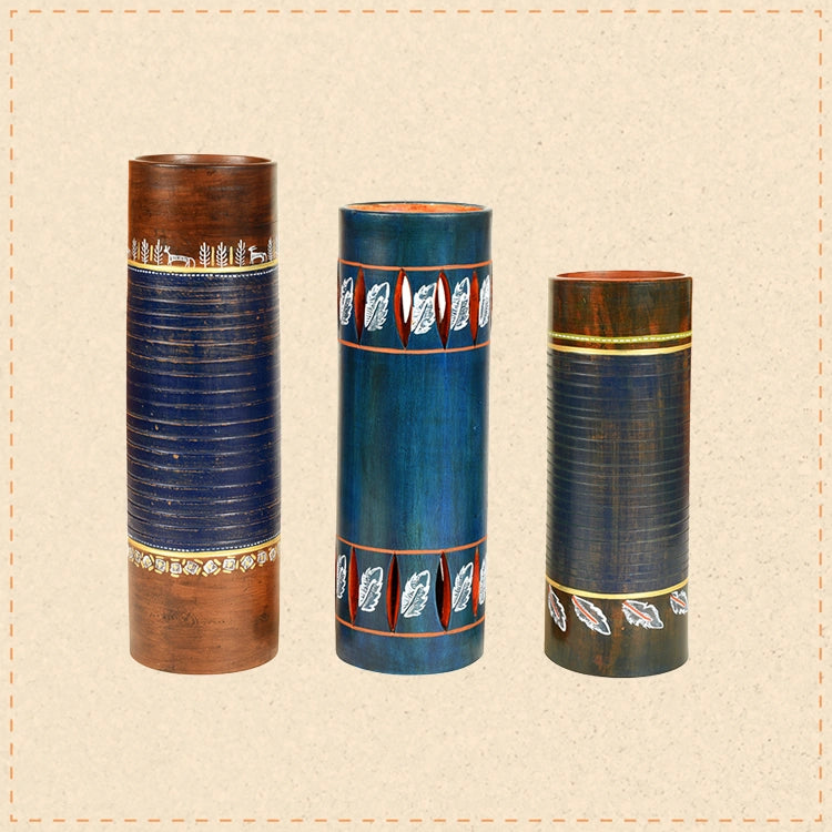 Autumn Leaf Blue Earthen Vase in Tubular Shape (Set of 3)