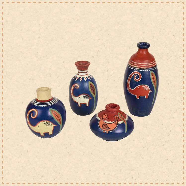 Happy Elephant Vases (So4) in Blue (5x2.5/4x3/2.5x2.5/6x3 HxDia)