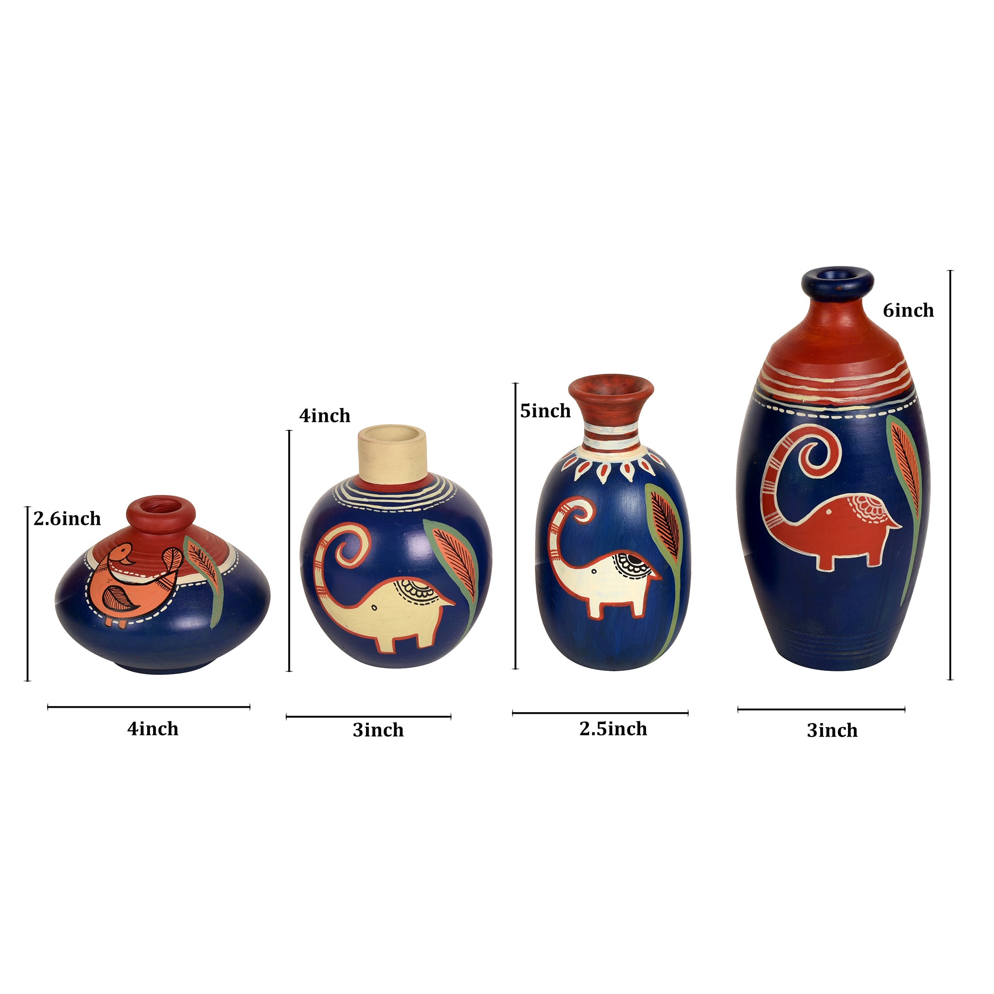 Happy Elephant Vases (So4) in Blue (5x2.5/4x3/2.5x2.5/6x3 HxDia)