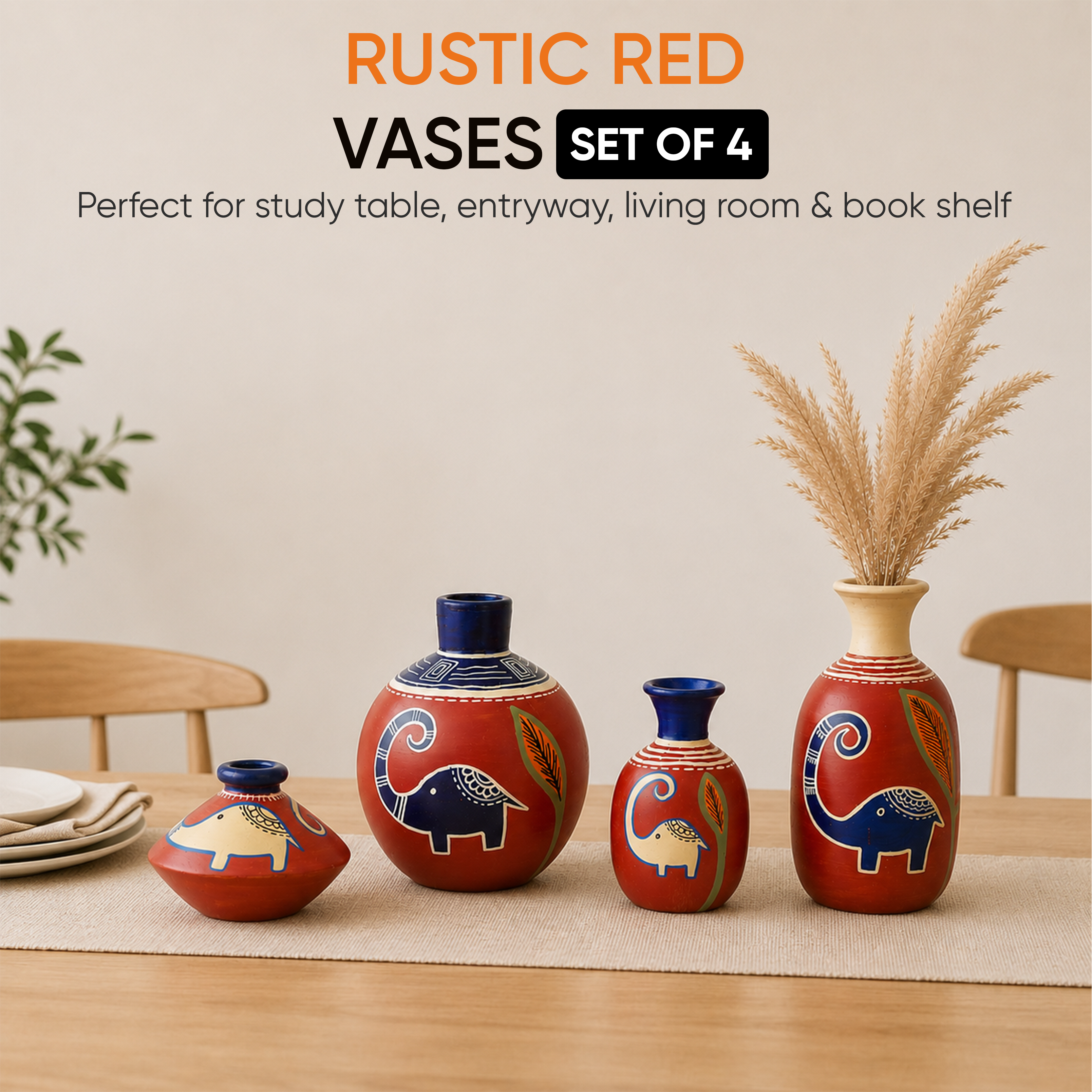 Happy Elephant Vases (So4) in Rustic Red (5x2.5/4x3/2.5x2.5/6x3 HxDia)