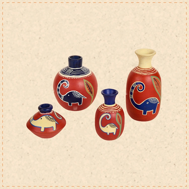 Happy Elephant Vases (So4) in Rustic Red (5x2.5/4x3/2.5x2.5/6x3 HxDia)