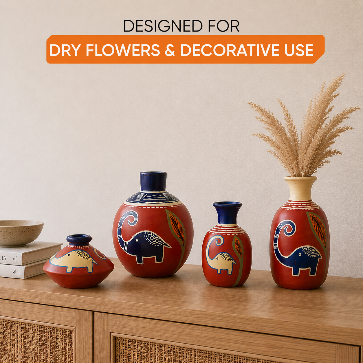 Happy Elephant Vases (So4) in Rustic Red (5x2.5/4x3/2.5x2.5/6x3 HxDia)