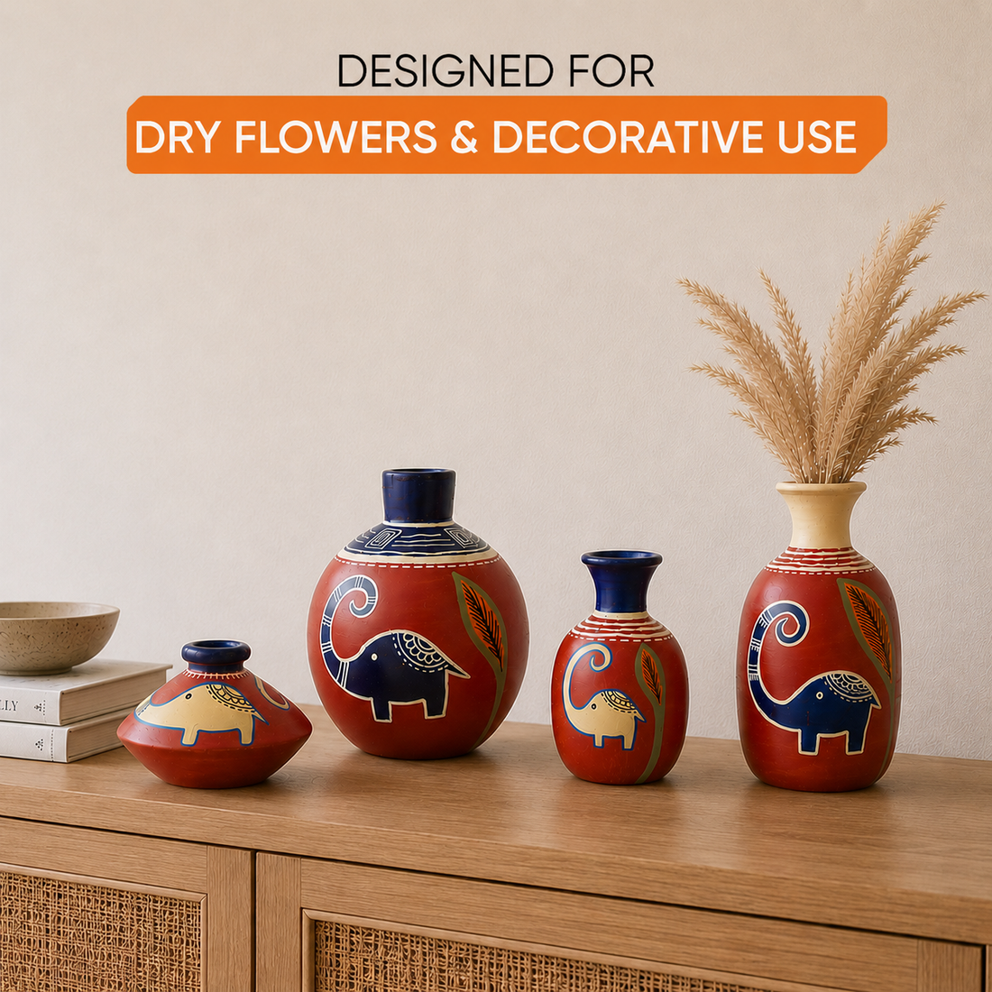 Happy Elephant Vases (So4) in Rustic Red (5x2.5/4x3/2.5x2.5/6x3 HxDia)