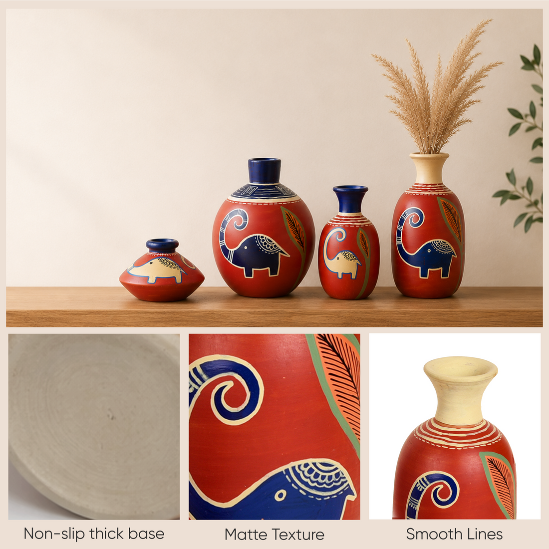 Happy Elephant Vases (So4) in Rustic Red (5x2.5/4x3/2.5x2.5/6x3 HxDia)