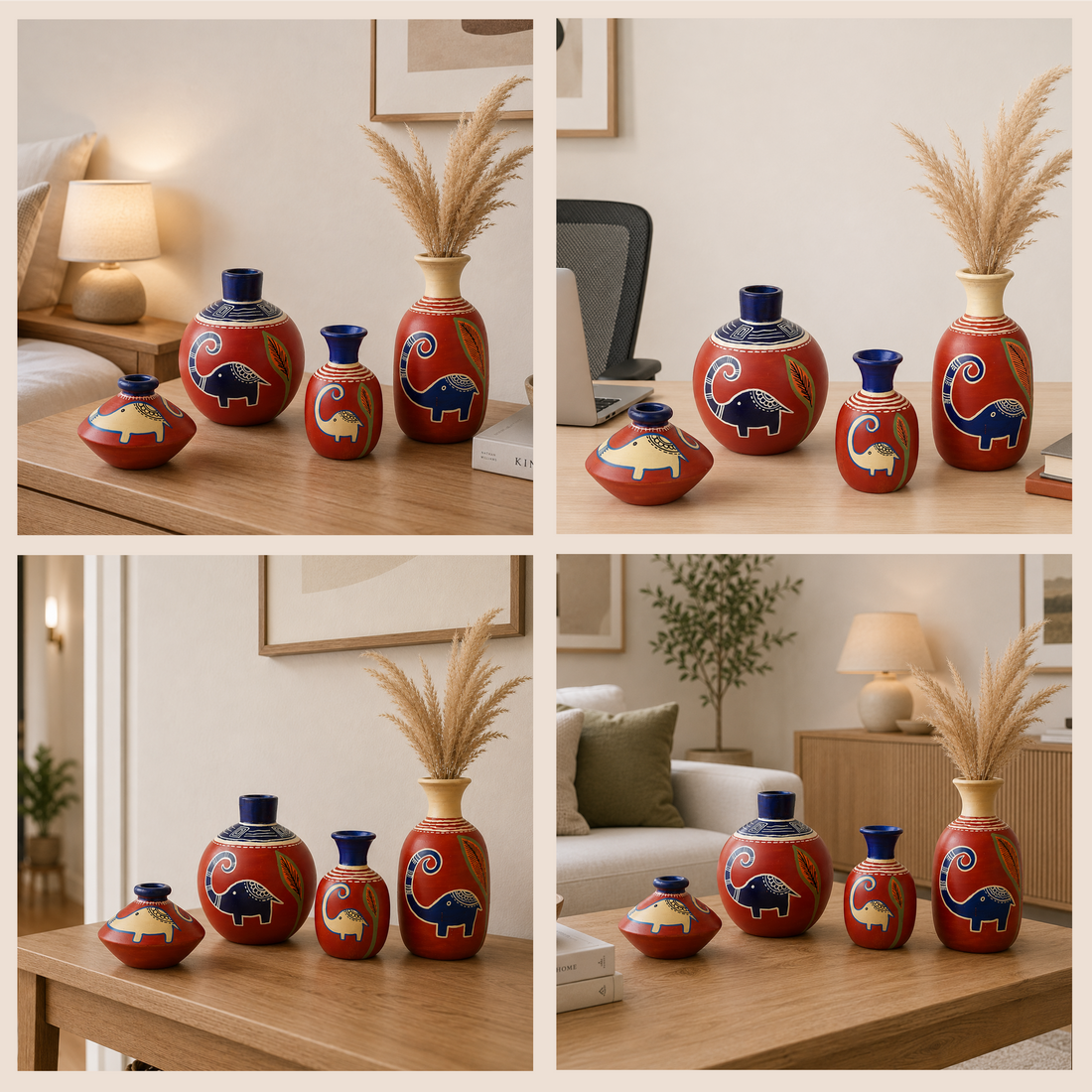 Happy Elephant Vases (So4) in Rustic Red (5x2.5/4x3/2.5x2.5/6x3 HxDia)