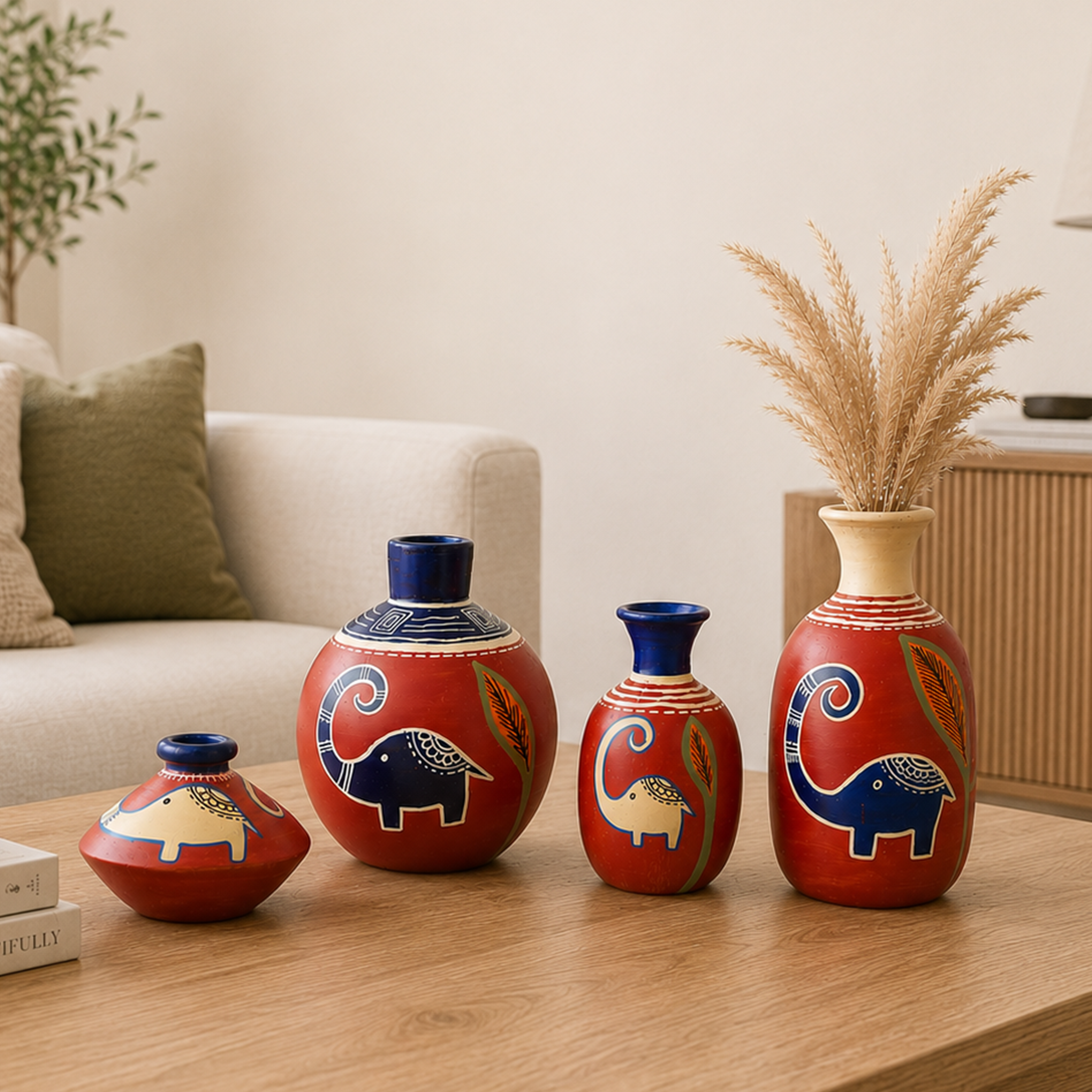 Happy Elephant Vases (So4) in Rustic Red (5x2.5/4x3/2.5x2.5/6x3 HxDia)