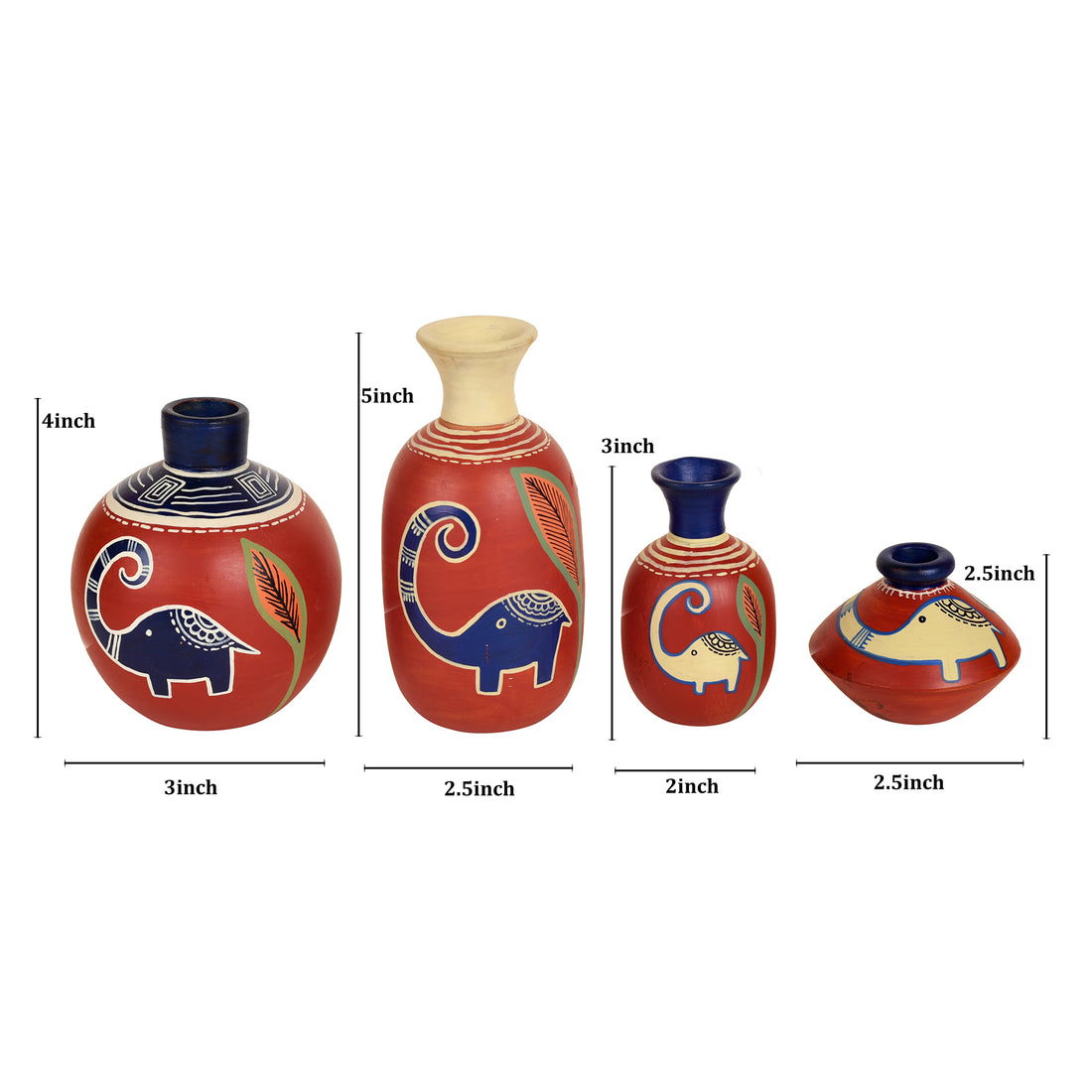 Happy Elephant Vases (So4) in Rustic Red (5x2.5/4x3/2.5x2.5/6x3 HxDia)