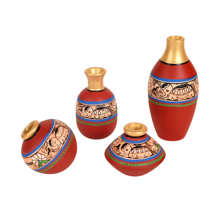 Rustic Madhubani Vases (So4) in Red color (5x2.5/4x3/2.5x2.5/6x3 HxDia)