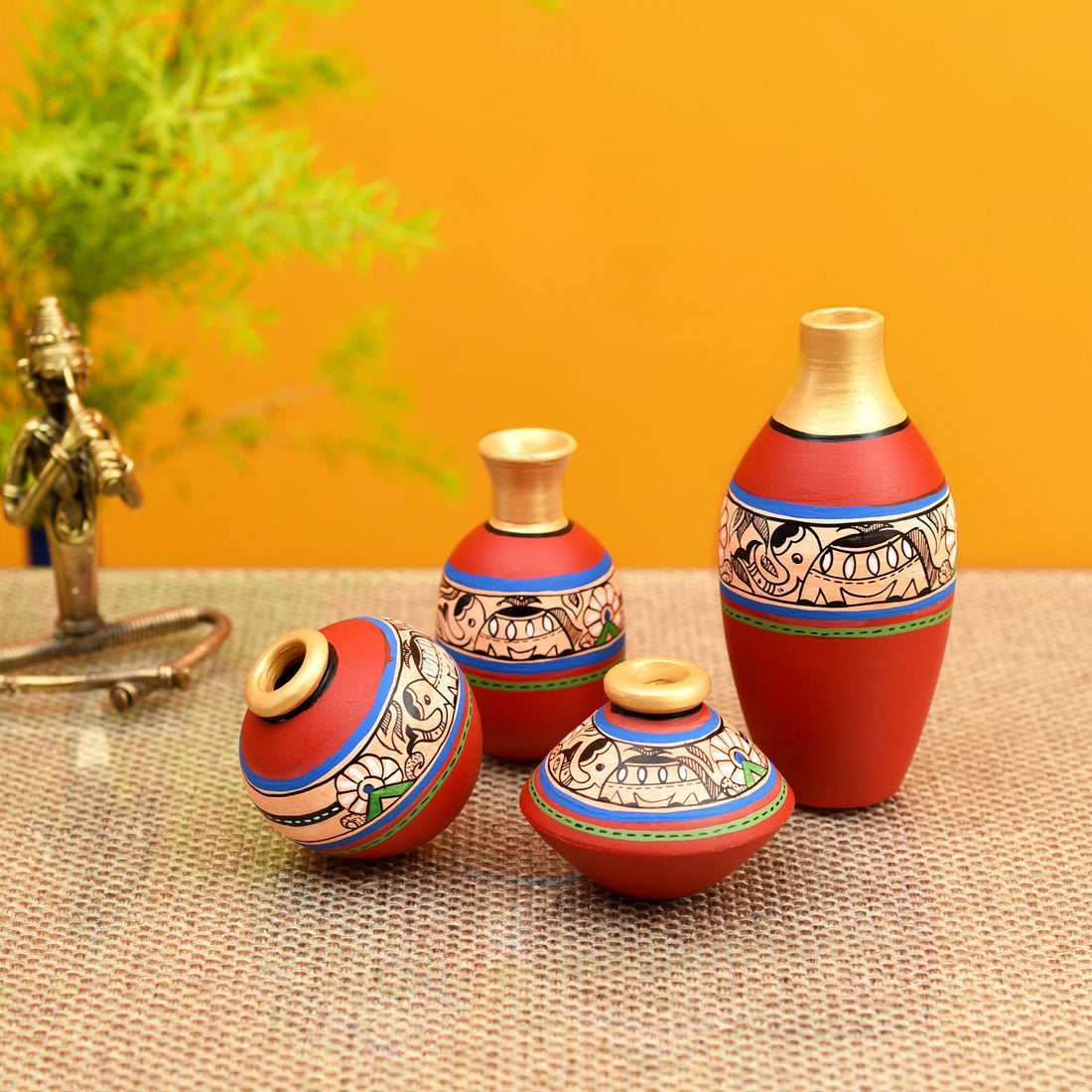 Rustic Madhubani Vases (So4) in Red color (5x2.5/4x3/2.5x2.5/6x3 HxDia)