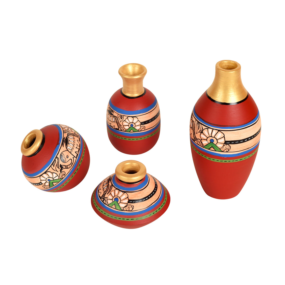 Rustic Madhubani Vases (So4) in Red color (5x2.5/4x3/2.5x2.5/6x3 HxDia)