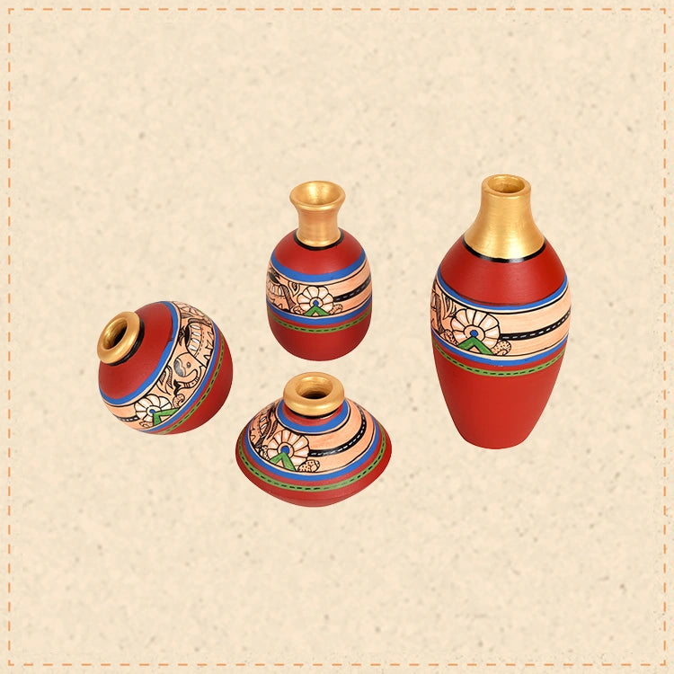 Rustic Madhubani Vases (So4) in Red color (5x2.5/4x3/2.5x2.5/6x3 HxDia)