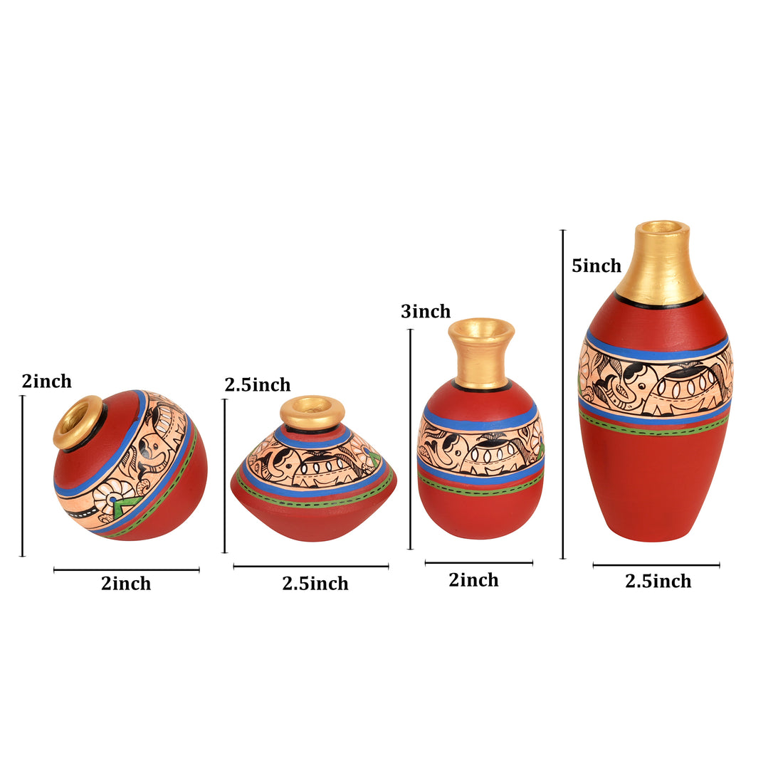 Rustic Madhubani Vases (So4) in Red color (5x2.5/4x3/2.5x2.5/6x3 HxDia)