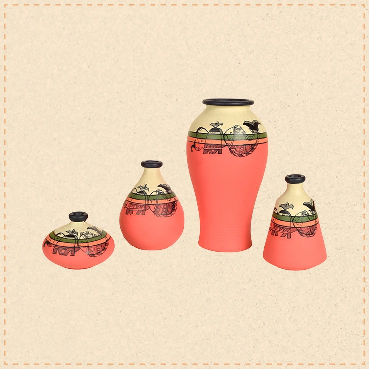 Handpainted Earthen Vases with Madhubani Tattoo Art