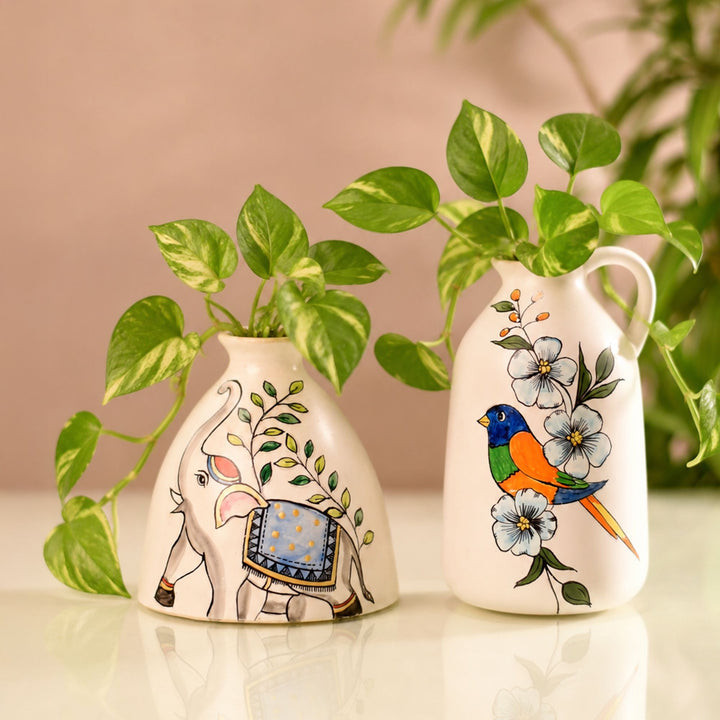 Gaja & Tota Elephant-and-Parrot Ceramic Cachepot Duo