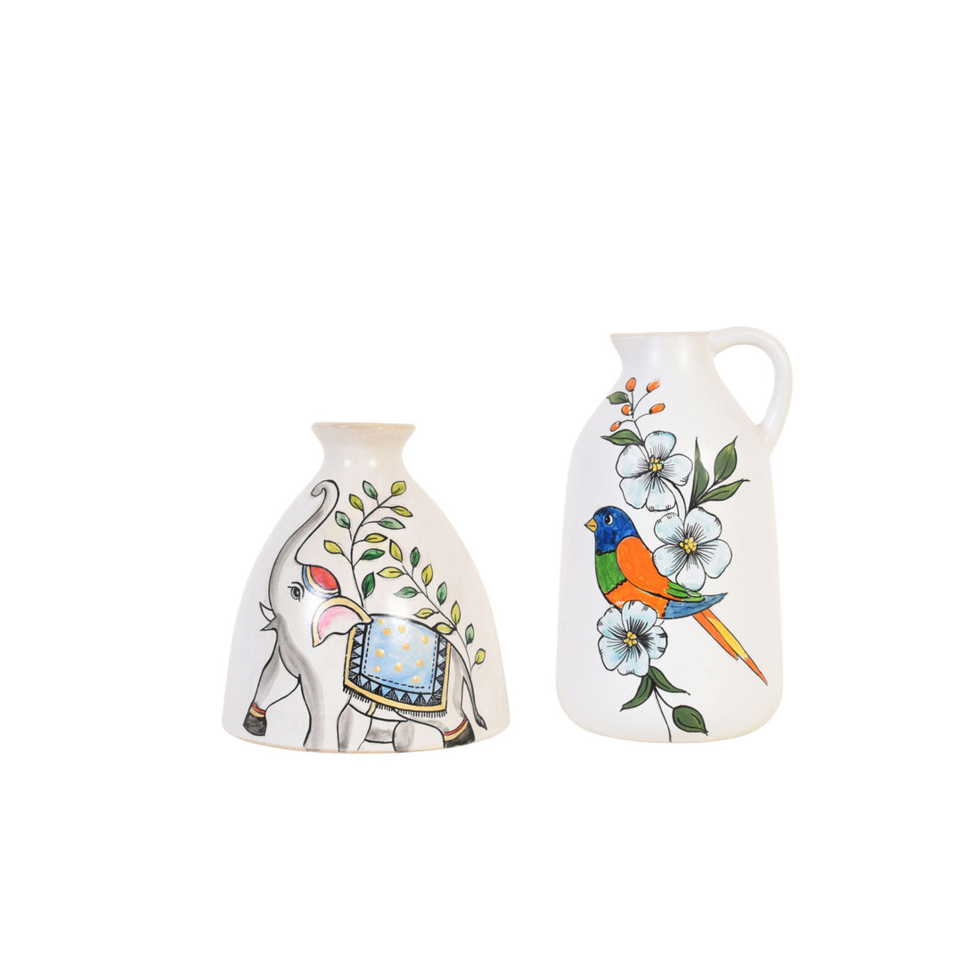 Gaja & Tota Elephant-and-Parrot Ceramic Cachepot Duo