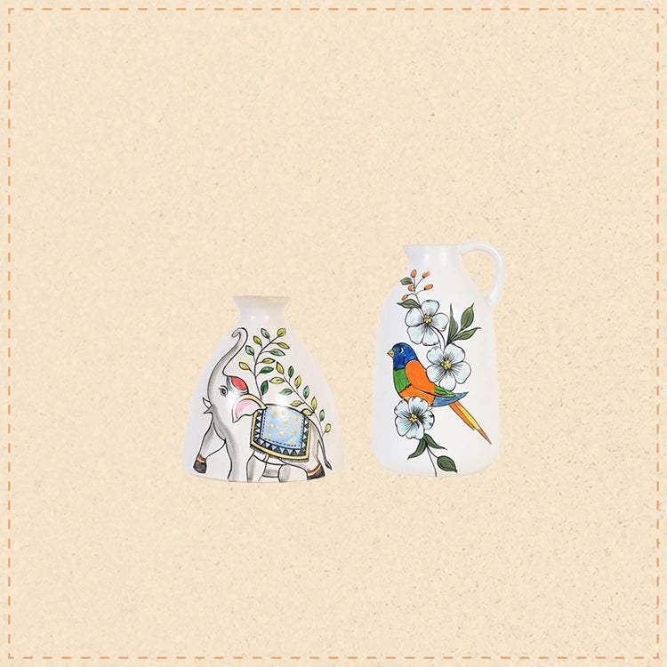 Gaja & Tota Elephant-and-Parrot Ceramic Cachepot Duo