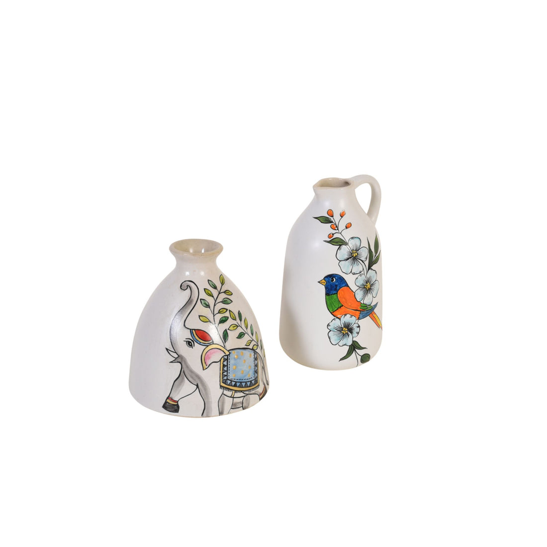 Gaja & Tota Elephant-and-Parrot Ceramic Cachepot Duo