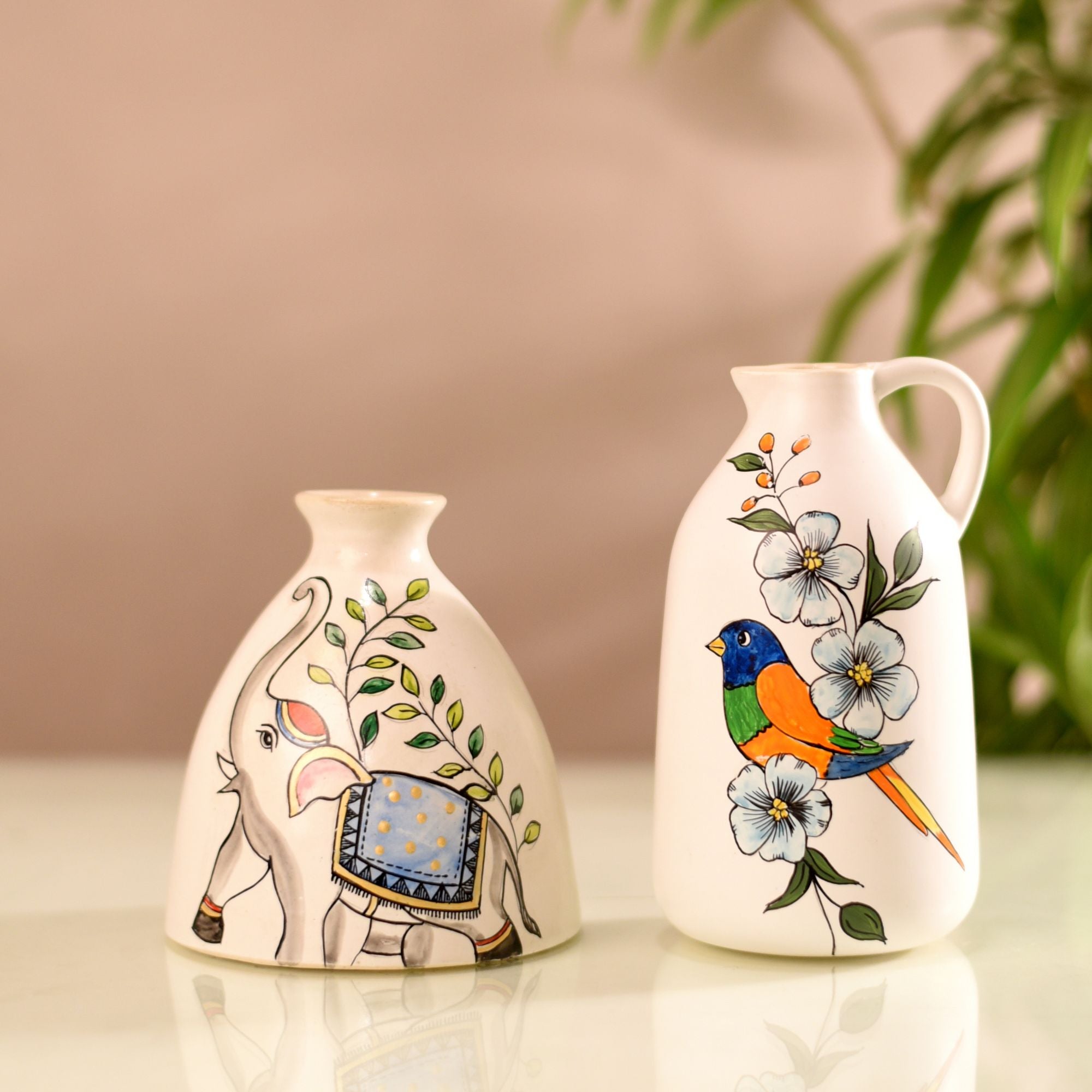 Gaja & Tota Elephant-and-Parrot Ceramic Cachepot Duo