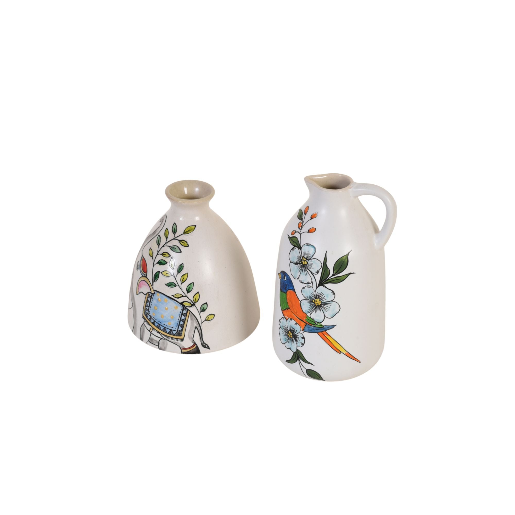 Gaja & Tota Elephant-and-Parrot Ceramic Cachepot Duo