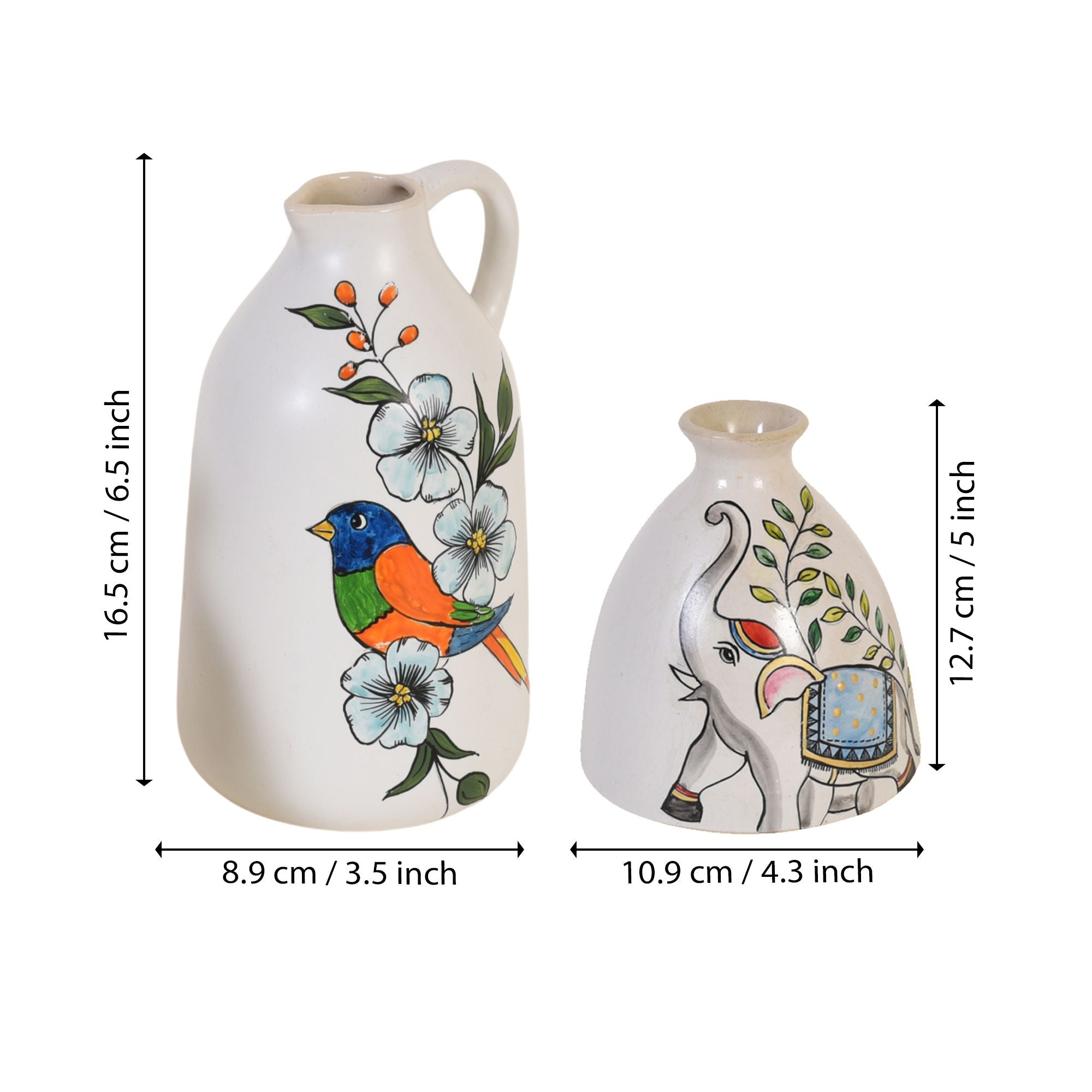 Gaja & Tota Elephant-and-Parrot Ceramic Cachepot Duo