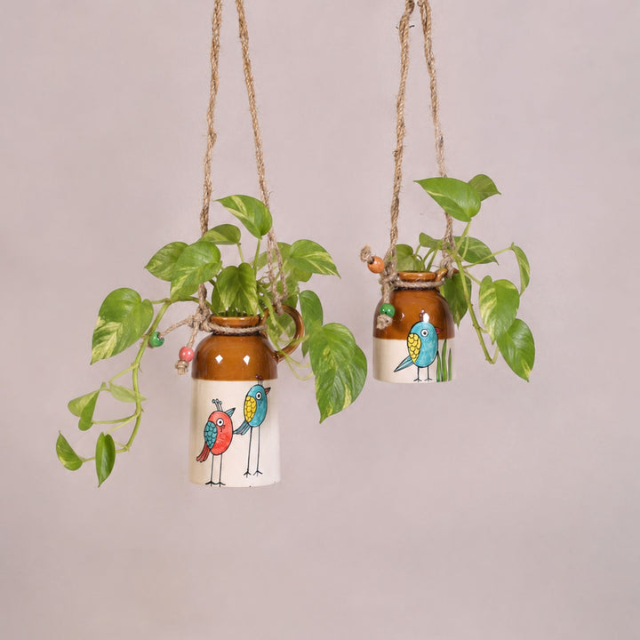 Bageecha Blossom-Bird Hanging Ceramic Planter Duo