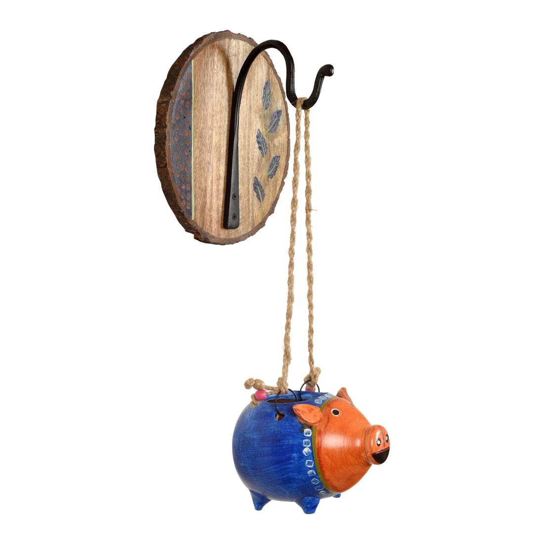 Blue Pig Earthen Planter on a Round Wall Hook