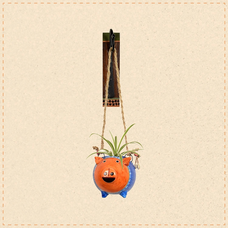 Blue Pig Earthen Planter on a Classic Wall Hook