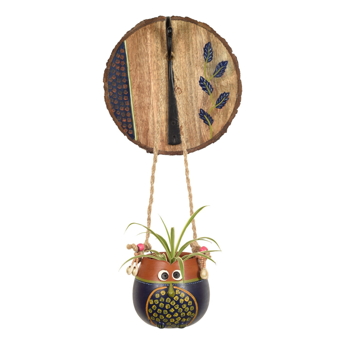 Blue-Brown Earthen Planter on Round Wooden Hook