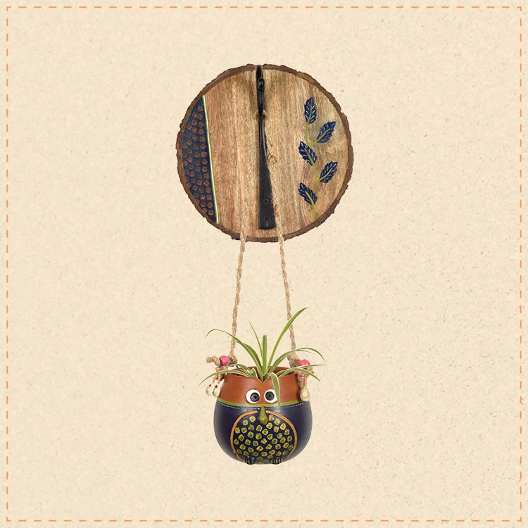 Blue-Brown Earthen Planter on Round Wooden Hook