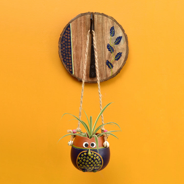 Blue-Brown Earthen Planter on Round Wooden Hook